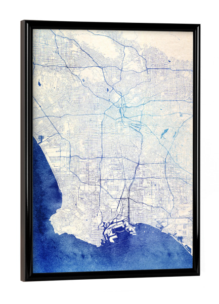 Poster mit schwarzem Rahmen "Los-Angeles USA Blue Infusion Map I" artboxONE - Städte,Reise,Kartografie - Städte,Stadtkarte,Wasserfarbe,Rosequartz