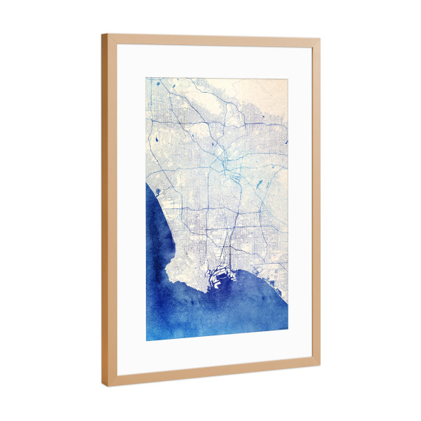 Poster mit Rahmen Kupfer "Los-Angeles USA Blue Infusion Map I" artboxONE - Städte,Reise,Kartografie - Städte,Stadtkarte,Wasserfarbe,Rosequartz