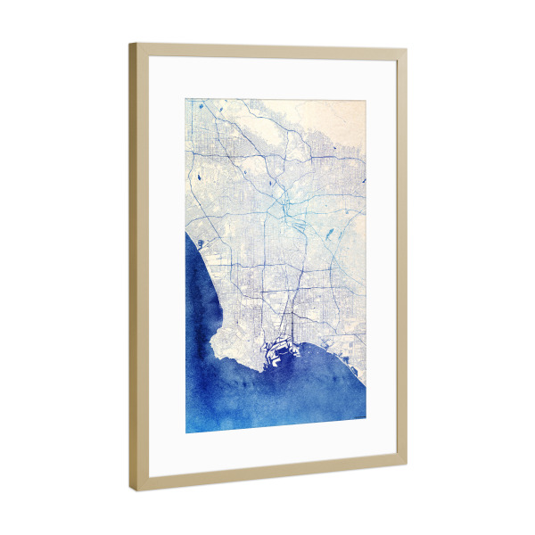 Poster mit Rahmen Gold "Los-Angeles USA Blue Infusion Map I" artboxONE - Städte,Reise,Kartografie - Städte,Stadtkarte,Wasserfarbe,Rosequartz