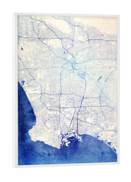 Poster mit weißem Rahmen "Los-Angeles USA Blue Infusion Map I" artboxONE - Städte,Reise,Kartografie - Städte,Stadtkarte,Wasserfarbe,Rosequartz