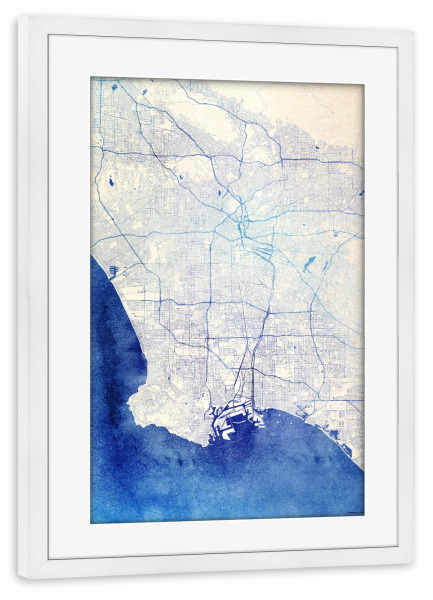 Poster mit Rahmen weiß "Los-Angeles USA Blue Infusion Map I" artboxONE - Städte,Reise,Kartografie - Städte,Stadtkarte,Wasserfarbe,Rosequartz