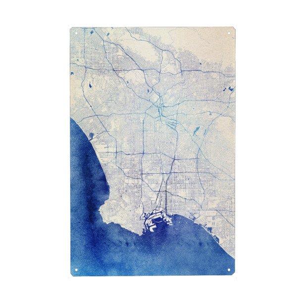 Holzbild "Los-Angeles USA Blue Infusion Map I" artboxONE - Städte,Reise,Kartografie - Städte,Stadtkarte,Wasserfarbe,Rosequartz