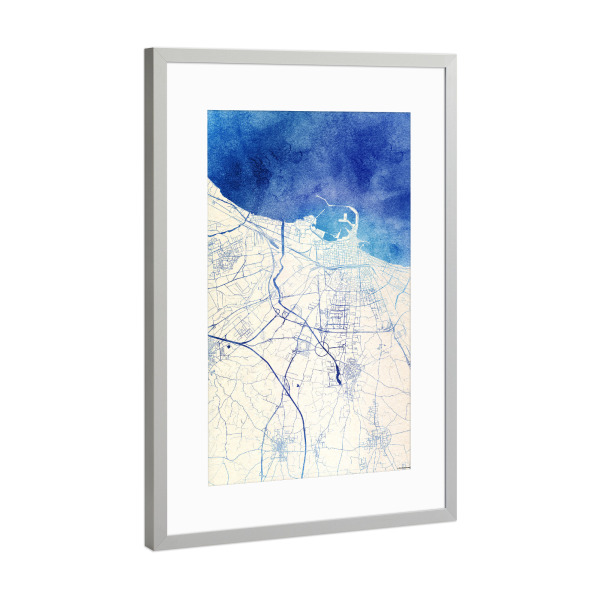 Poster mit Rahmen Silber "Bari Italien Blue Infusion Map I" artboxONE - Städte,Reise,Kartografie - Städte,Stadtkarte,Wasserfarbe,Rosequartz