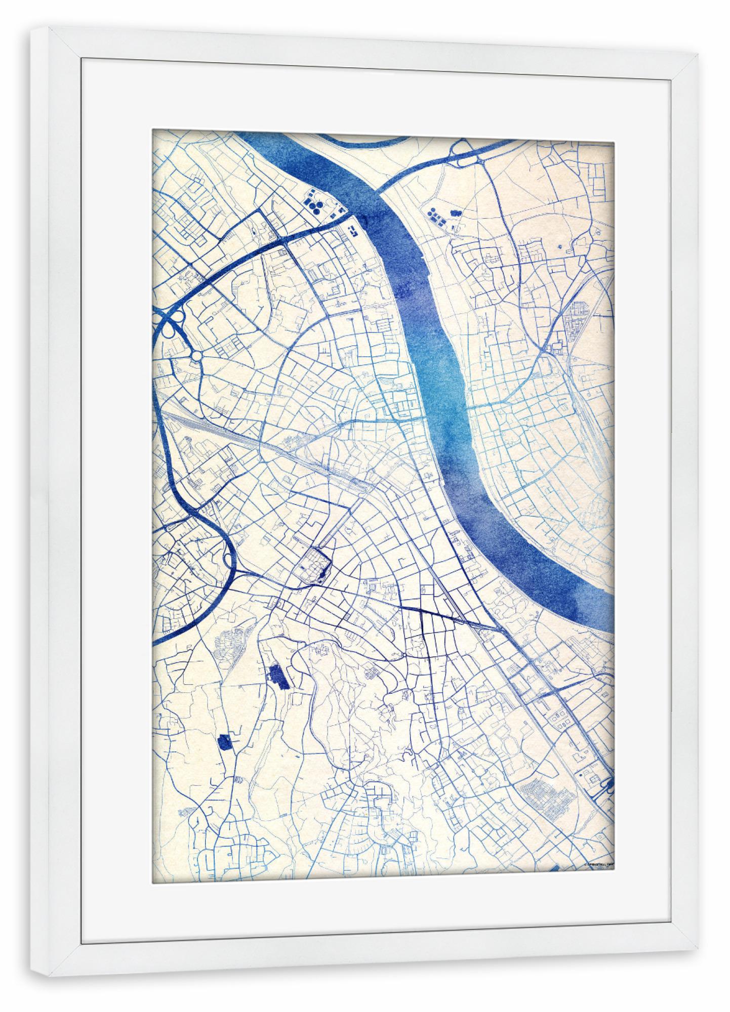 Poster mit Rahmen weiß "Bonn Deutschland Blue Infusion Map I" artboxONE - Städte,Reise,Kartografie - Städte,Stadtkarte,Wasserfarbe,Rosequartz