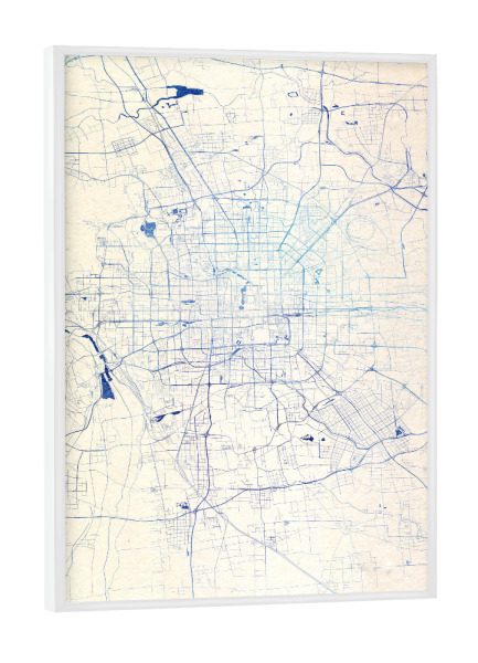 Poster mit weißem Rahmen "Peking China Blue Infusion Map I" artboxONE - Städte,Reise,Kartografie - Städte,Stadtkarte,Wasserfarbe,Rosequartz