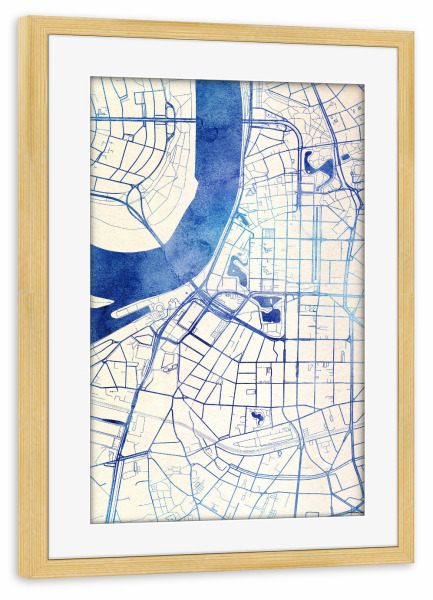 Poster mit Rahmen kiefer "Düsseldorf Deutschland Blue Infusion Map II" artboxONE - Städte,Reise,Kartografie