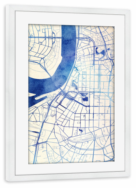 Poster mit Rahmen weiß "Düsseldorf Deutschland Blue Infusion Map II" artboxONE - Städte,Reise,Kartografie - Städte,Stadtkarte,Wasserfarbe,Rosequartz