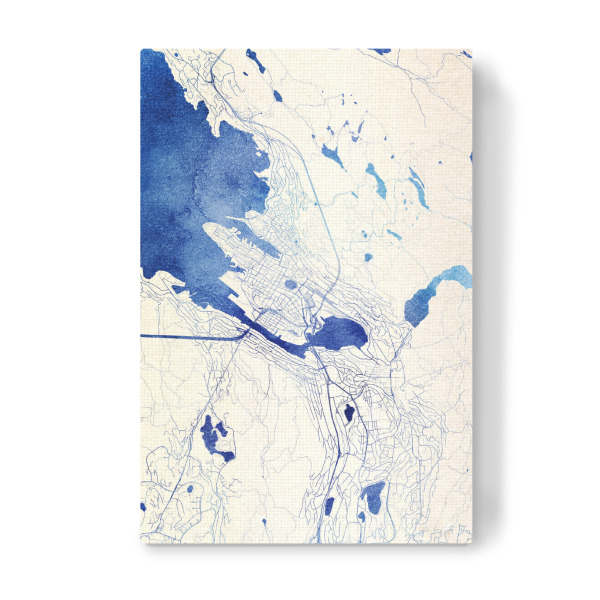 Leinwandbild "Bergen Norwegen Blue Infusion Map I" artboxONE - Städte,Reise,Kartografie - Städte,Stadtkarte,Wasserfarbe,Rosequartz