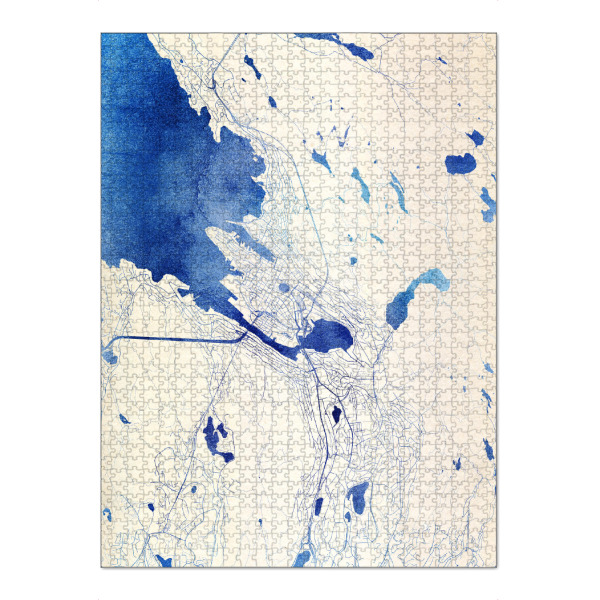 Puzzle Ravensburger "Bergen Norwegen Blue Infusion Map I" artboxONE - Städte,Reise,Kartografie - Städte,Stadtkarte,Wasserfarbe,Rosequartz