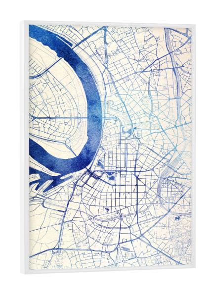 Poster mit weißem Rahmen "Düsseldorf Deutschland Blue Infusion Map I" artboxONE - Städte,Reise,Kartografie