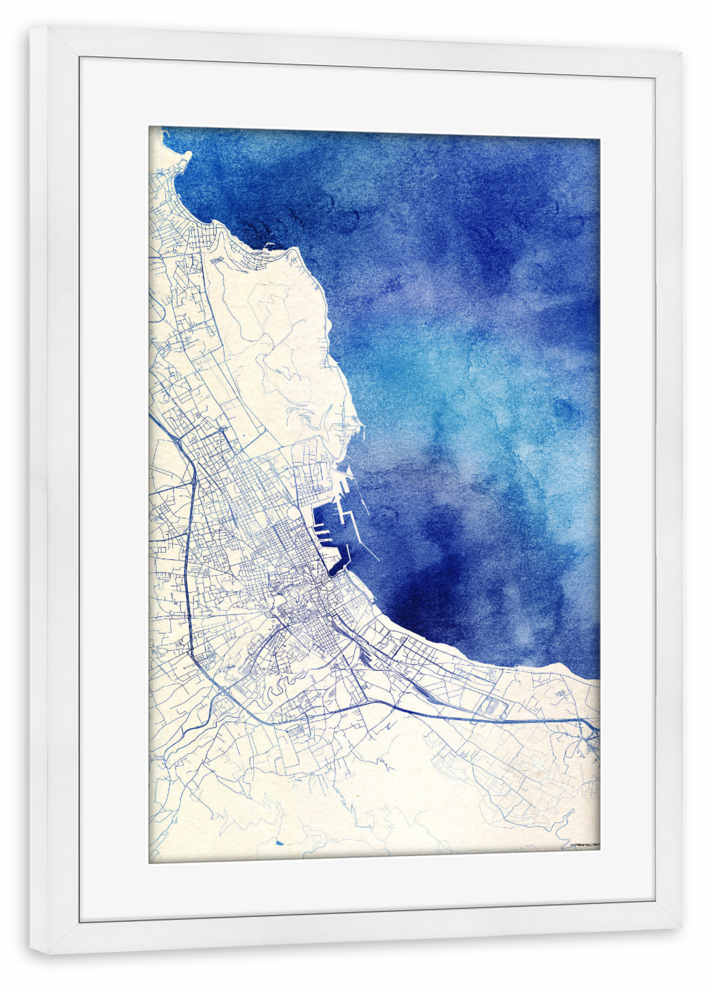 Poster mit Rahmen weiß "Palermo Italien Blue Infusion Map I" artboxONE - Städte,Reise,Kartografie - Städte,Stadtkarte,Wasserfarbe,Rosequartz