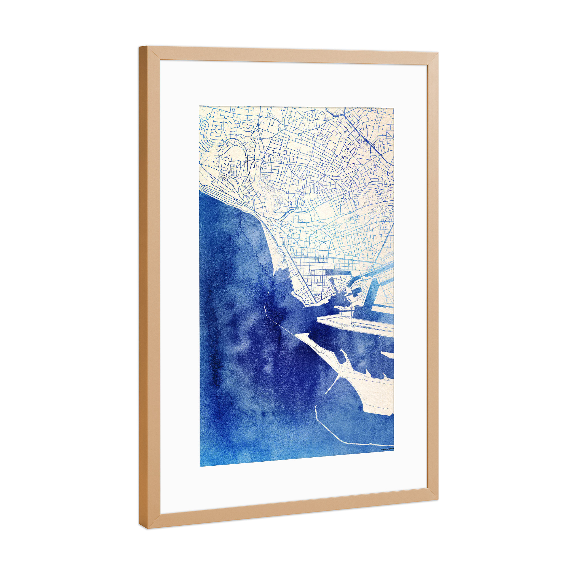 Poster mit Rahmen Kupfer "Le-Havre Frankreich Blue Infusion Map II" artboxONE - Städte,Reise,Kartografie - Städte,Stadtkarte,Wasserfarbe,Rosequartz
