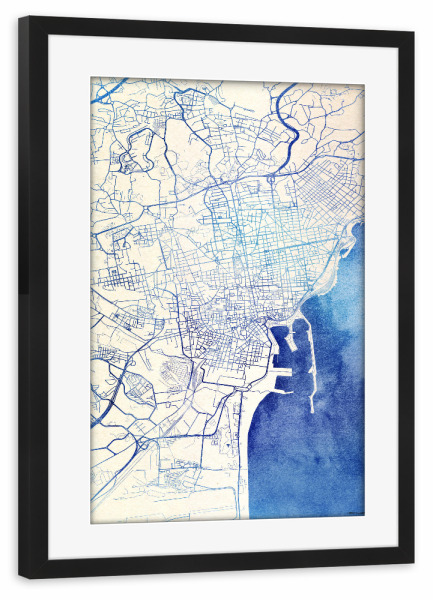 Poster mit Rahmen schwarz "Catania Italien Blue Infusion Map I" artboxONE - Städte,Reise,Kartografie - Städte,Stadtkarte,Wasserfarbe,Rosequartz