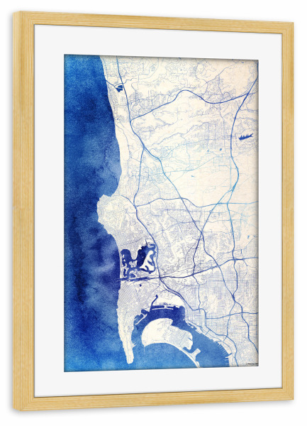 Poster mit Rahmen kiefer "San-Diego USA Blue Infusion Map I" artboxONE - Städte,Reise,Kartografie - Städte,Stadtkarte,Wasserfarbe,Rosequartz