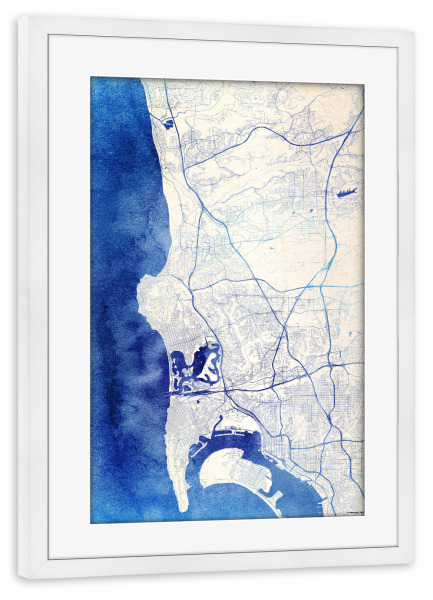 Poster mit Rahmen weiß "San-Diego USA Blue Infusion Map I" artboxONE - Städte,Reise,Kartografie - Städte,Stadtkarte,Wasserfarbe,Rosequartz