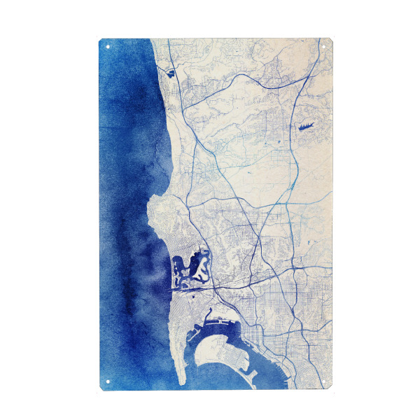 Metall Poster "San-Diego USA Blue Infusion Map I" artboxONE - Städte,Reise,Kartografie - Städte,Stadtkarte,Wasserfarbe,Rosequartz - Blechschild