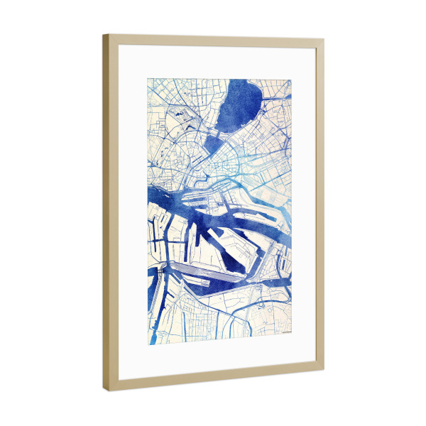 Poster mit Rahmen Gold "Hamburg Deutschland Blue Infusion Map I" artboxONE - Städte,Reise,Kartografie - Städte,Stadtkarte,Wasserfarbe,Rosequartz