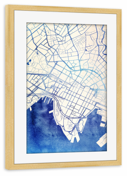 Poster mit Rahmen kiefer "Oslo Norwegen Blue Infusion Map II" artboxONE - Städte,Reise,Kartografie - Städte,Stadtkarte,Wasserfarbe,Rosequartz