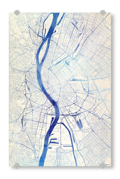 Acrylglasbild "Budapest Ungarn Blue Infusion Map II" artboxONE - Städte,Reise,Kartografie - Städte,Stadtkarte,Wasserfarbe,Rosequartz