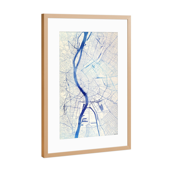 Poster mit Rahmen Kupfer "Budapest Ungarn Blue Infusion Map II" artboxONE - Städte,Reise,Kartografie - Städte,Stadtkarte,Wasserfarbe,Rosequartz