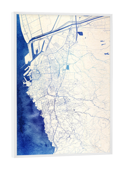 Poster mit weißem Rahmen "Livorno Italien Blue Infusion Map I" artboxONE - Städte,Reise,Kartografie - Städte,Stadtkarte,Wasserfarbe,Rosequartz