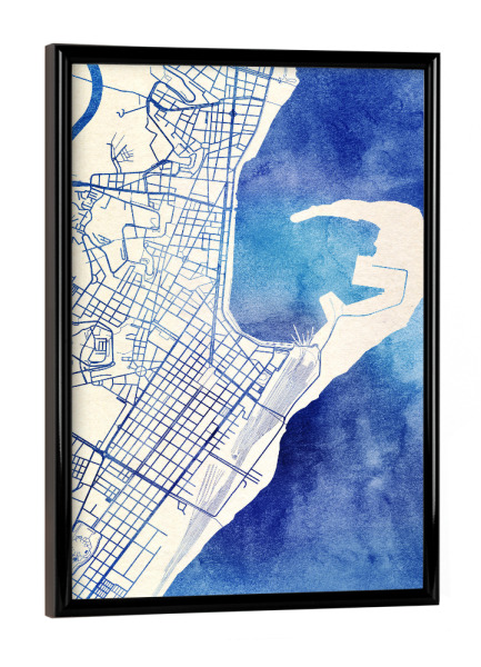 Poster mit schwarzem Rahmen "Messina Italien Blue Infusion Map II" artboxONE - Städte,Reise,Kartografie - Städte,Stadtkarte,Wasserfarbe,Rosequartz