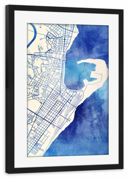 Poster mit Rahmen schwarz "Messina Italien Blue Infusion Map II" artboxONE - Städte,Reise,Kartografie - Städte,Stadtkarte,Wasserfarbe,Rosequartz