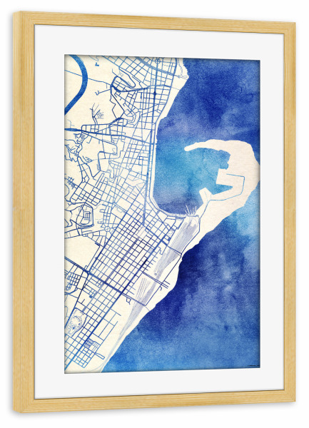 Poster mit Rahmen kiefer "Messina Italien Blue Infusion Map II" artboxONE - Städte,Reise,Kartografie - Städte,Stadtkarte,Wasserfarbe,Rosequartz