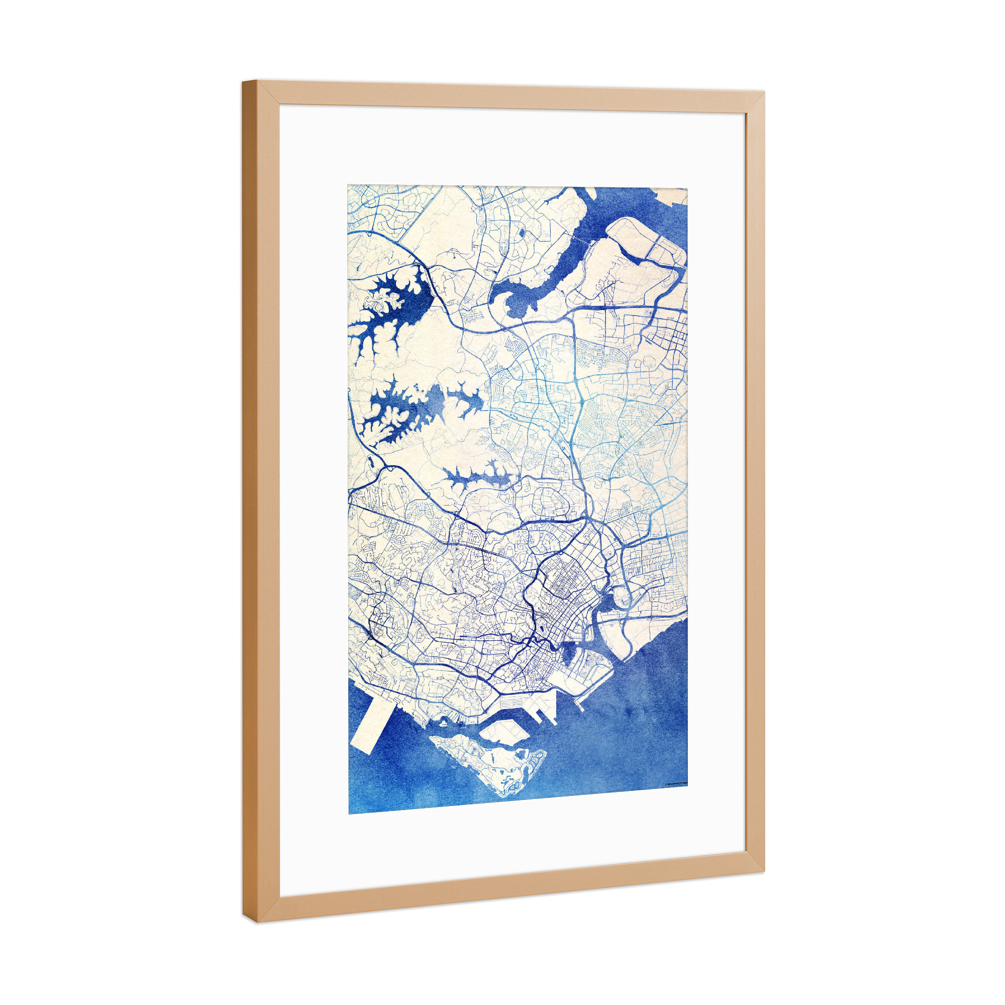 Poster mit Rahmen Kupfer "Singapur Blue Infusion Map II" artboxONE - Städte,Reise,Kartografie - Städte,Stadtkarte,Wasserfarbe,Rosequartz