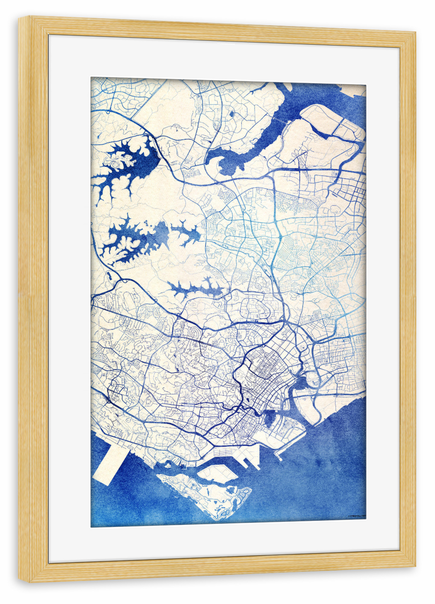 Poster mit Rahmen kiefer "Singapur Blue Infusion Map II" artboxONE - Städte,Reise,Kartografie - Städte,Stadtkarte,Wasserfarbe,Rosequartz