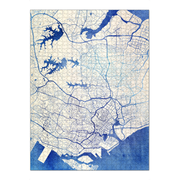 Puzzle Ravensburger "Singapur Blue Infusion Map II" artboxONE - Städte,Reise,Kartografie - Städte,Stadtkarte,Wasserfarbe,Rosequartz - Bild städte