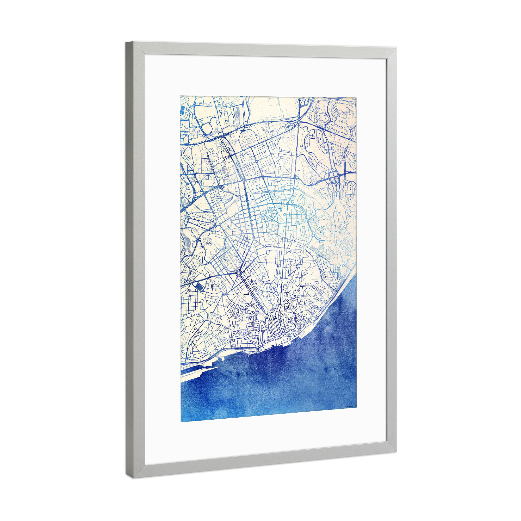 Poster mit Rahmen Silber "Lissabon Portugal Blue Infusion Map II" artboxONE - Städte,Reise,Kartografie - Städte,Stadtkarte,Wasserfarbe,Rosequartz