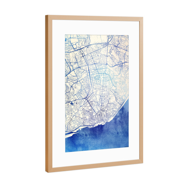Poster mit Rahmen Kupfer "Lissabon Portugal Blue Infusion Map II" artboxONE - Städte,Reise,Kartografie - Städte,Stadtkarte,Wasserfarbe,Rosequartz