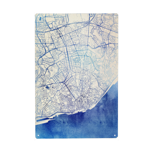 Metall Poster "Lissabon Portugal Blue Infusion Map II" artboxONE - Städte,Reise,Kartografie - Städte,Stadtkarte,Wasserfarbe,Rosequartz - Blechschild