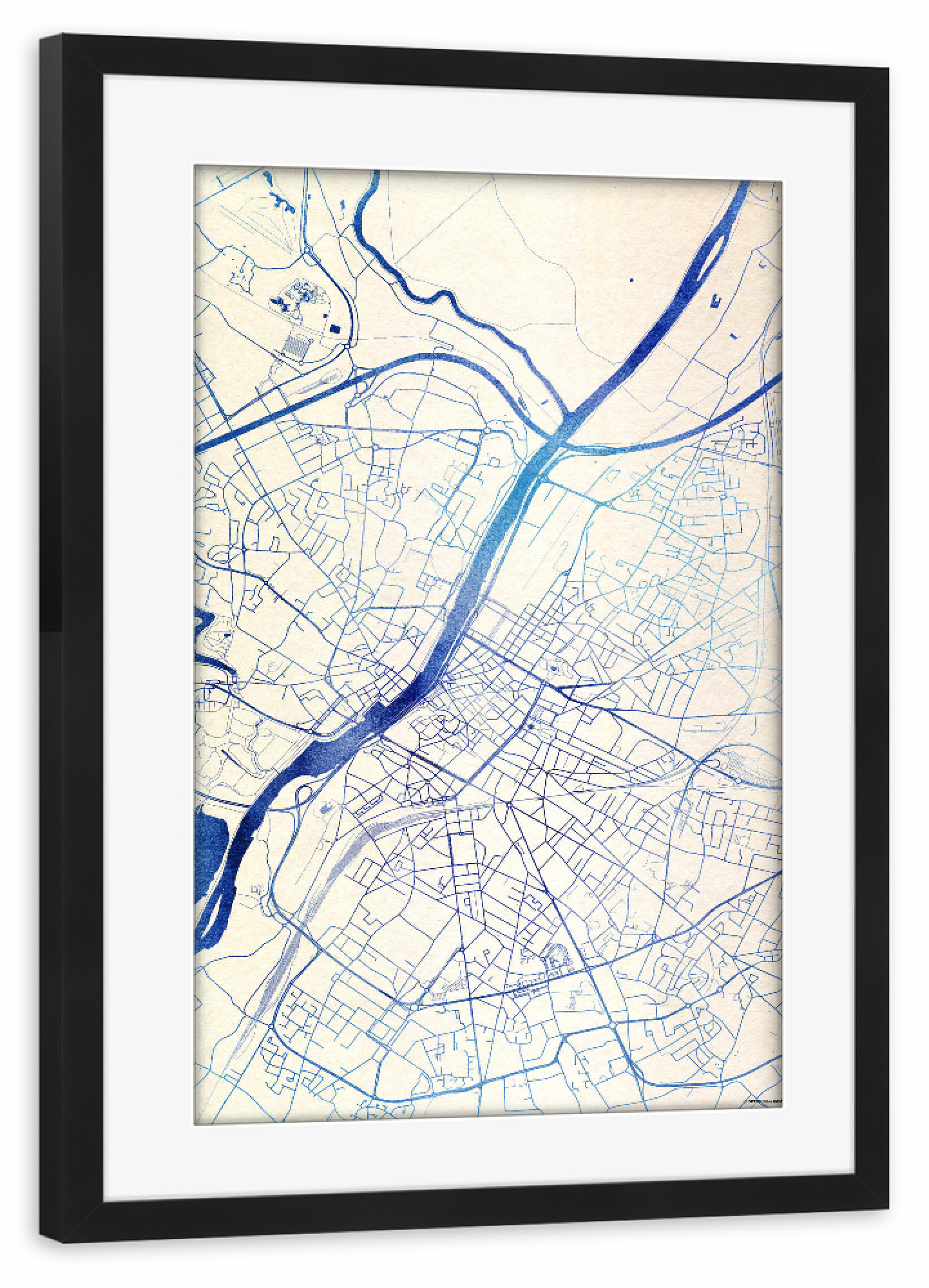 Poster mit Rahmen schwarz "Angers Frankreich Blue Infusion Map I" artboxONE - Städte,Reise,Kartografie - Städte,Stadtkarte,Wasserfarbe,Rosequartz