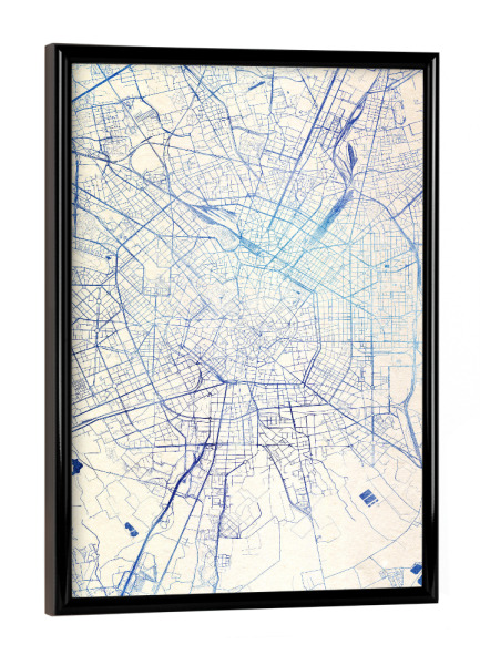 Poster mit schwarzem Rahmen "Mailand Italien Blue Infusion Map I" artboxONE - Städte,Reise,Kartografie - Städte,Stadtkarte,Wasserfarbe,Rosequartz