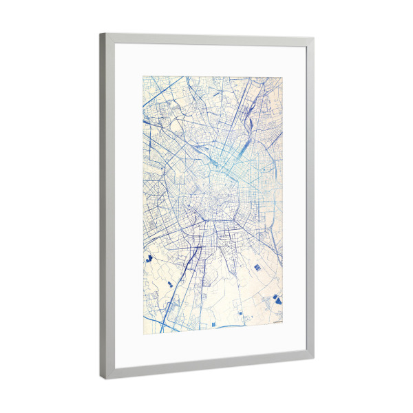 Poster mit Rahmen Silber "Mailand Italien Blue Infusion Map I" artboxONE - Städte,Reise,Kartografie - Städte,Stadtkarte,Wasserfarbe,Rosequartz
