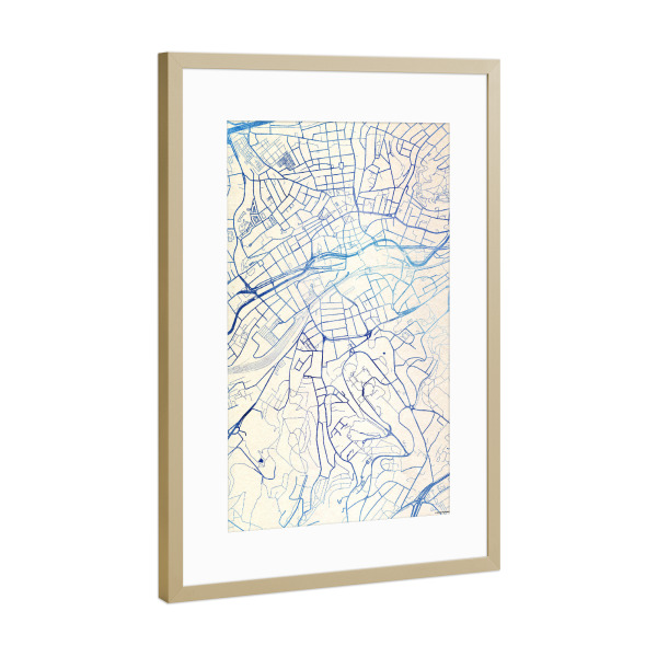 Poster mit Rahmen Gold "Wuppertal Deutschland Blue Infusion Map I" artboxONE - Städte,Reise,Kartografie - Städte,Stadtkarte,Wasserfarbe,Rosequartz