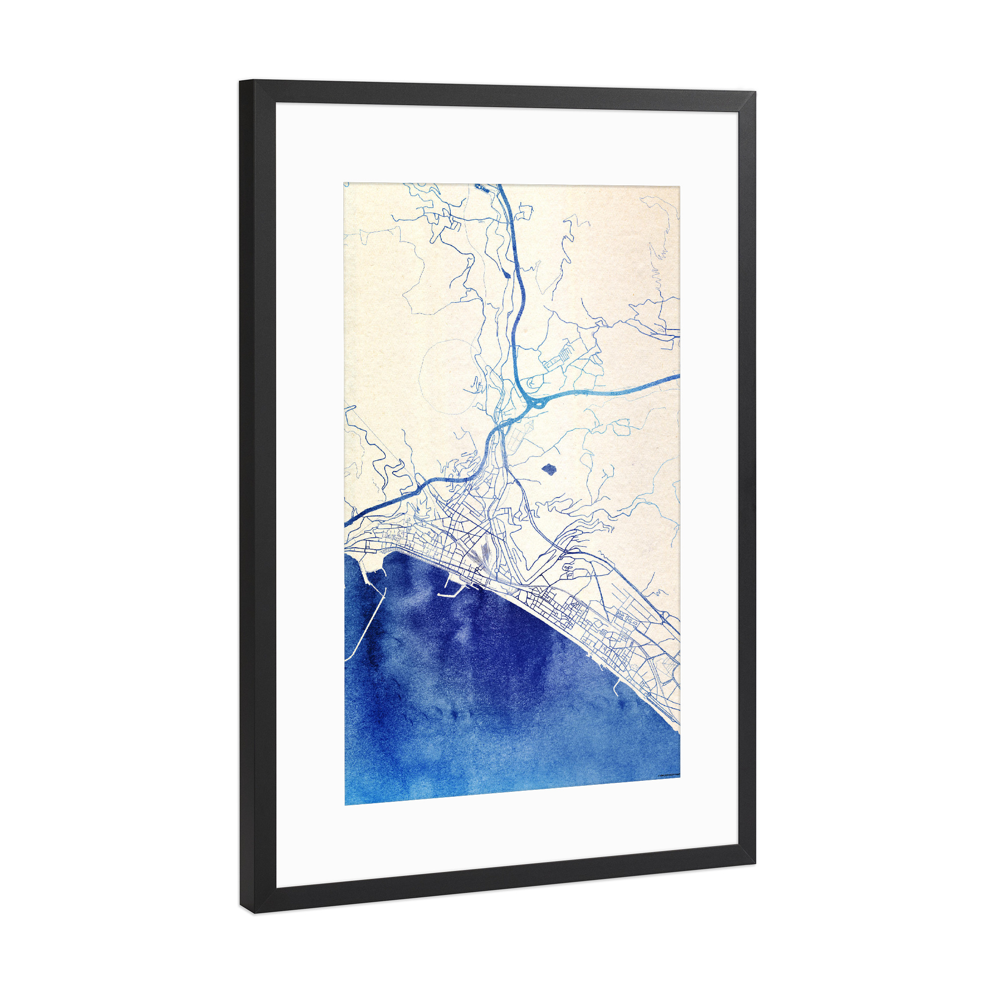 Poster mit Rahmen Schwarz (Metallic) "Salerno Italien Blue Infusion Map I" artboxONE - Städte,Reise,Kartografie