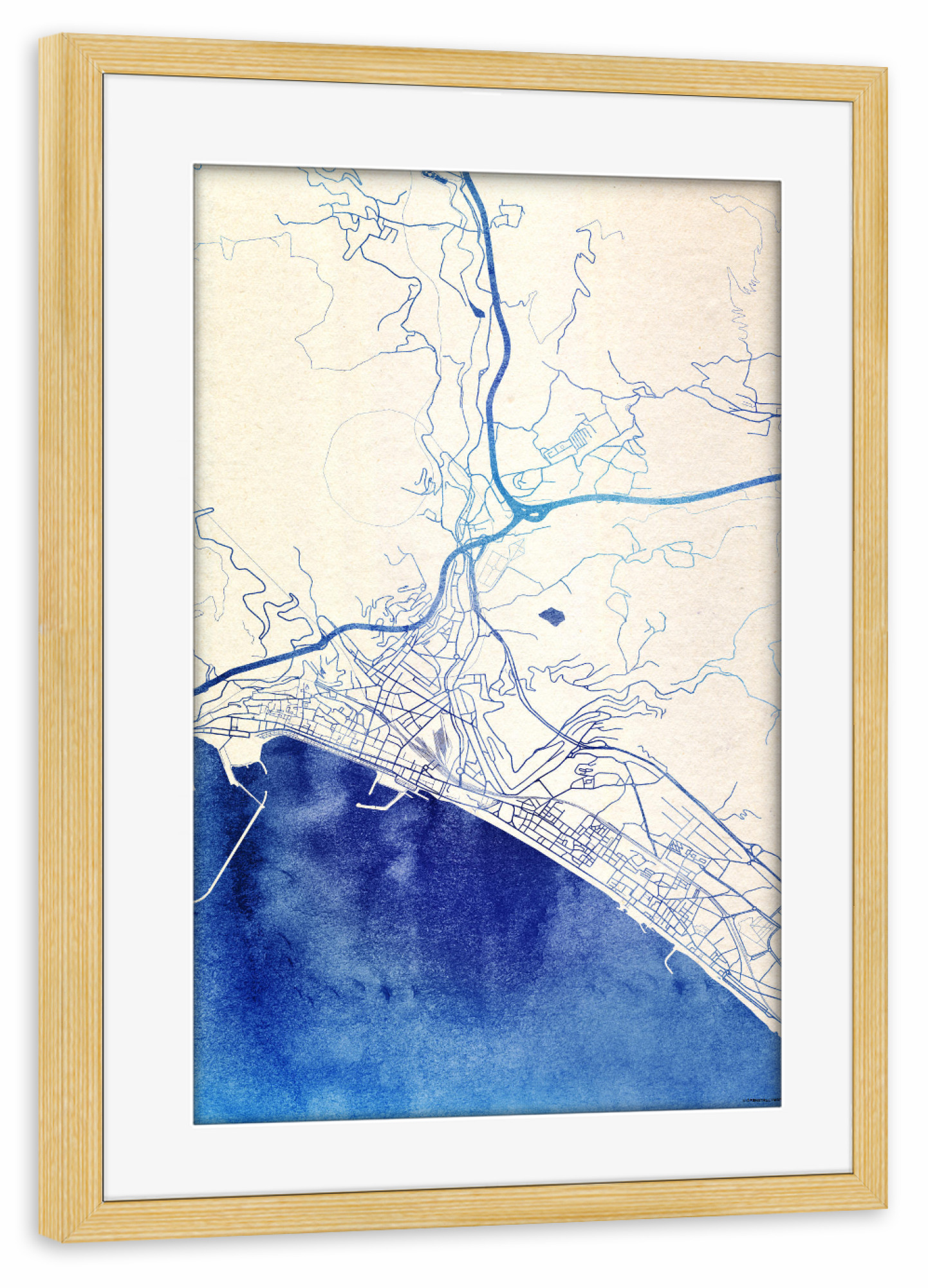 Poster mit Rahmen kiefer "Salerno Italien Blue Infusion Map I" artboxONE - Städte,Reise,Kartografie - Städte,Stadtkarte,Wasserfarbe,Rosequartz