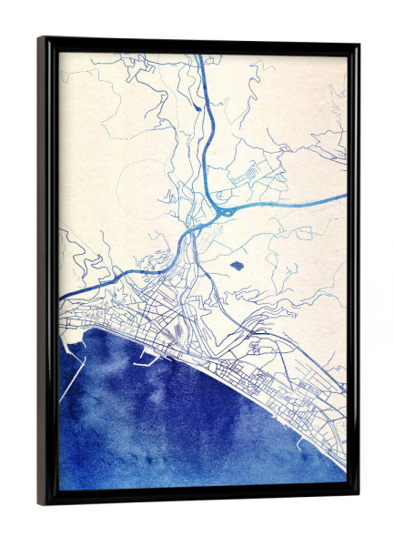 Poster mit schwarzem Rahmen "Salerno Italien Blue Infusion Map I" artboxONE - Städte,Reise,Kartografie - Städte,Stadtkarte,Wasserfarbe,Rosequartz