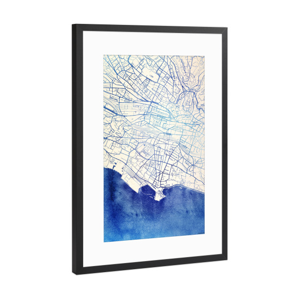 Poster mit Rahmen Schwarz (Metallic) "Lausanne Schweiz Blue Infusion Map II" artboxONE - Städte,Reise,Kartografie