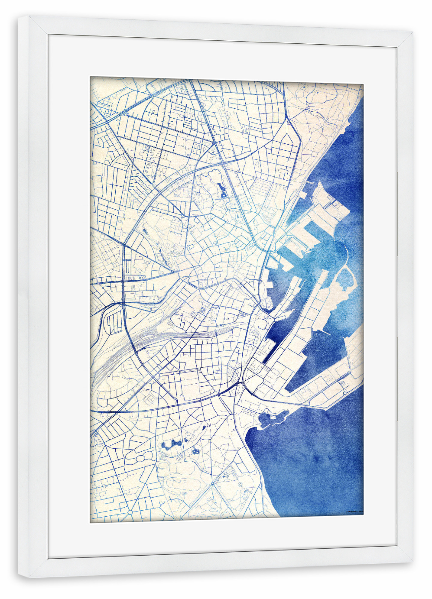 Poster mit Rahmen weiß "Aarhus Dänemark Blue Infusion Map II" artboxONE - Städte,Reise,Kartografie - Städte,Stadtkarte,Wasserfarbe,Rosequartz