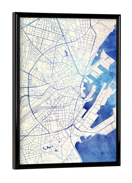 Poster mit schwarzem Rahmen "Aarhus Dänemark Blue Infusion Map II" artboxONE - Städte,Reise,Kartografie - Städte,Stadtkarte,Wasserfarbe,Rosequartz
