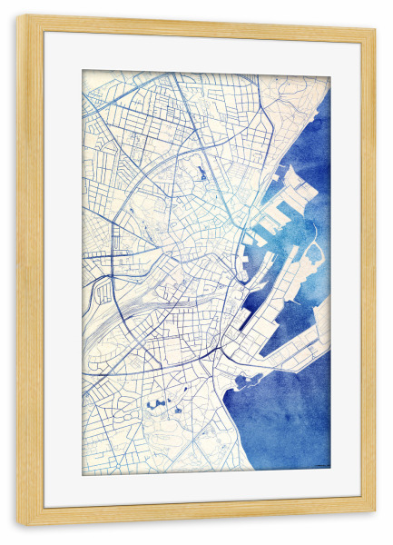 Poster mit Rahmen kiefer "Aarhus Dänemark Blue Infusion Map II" artboxONE - Städte,Reise,Kartografie - Städte,Stadtkarte,Wasserfarbe,Rosequartz