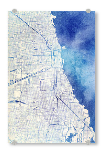 Acrylglasbild "Chicago USA Blue Infusion Map I" artboxONE - Städte,Reise,Kartografie - Städte,Stadtkarte,Wasserfarbe,Rosequartz
