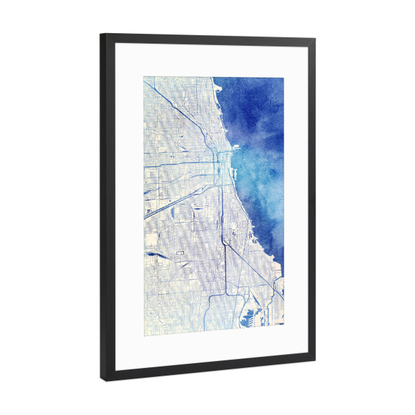 Poster mit Rahmen Schwarz (Metallic) "Chicago USA Blue Infusion Map I" artboxONE - Städte,Reise,Kartografie - Städte,Stadtkarte,Wasserfarbe,Rosequartz