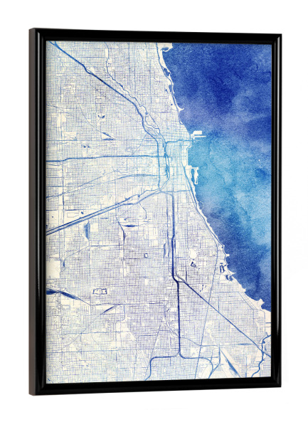 Poster mit schwarzem Rahmen "Chicago USA Blue Infusion Map I" artboxONE - Städte,Reise,Kartografie - Städte,Stadtkarte,Wasserfarbe,Rosequartz