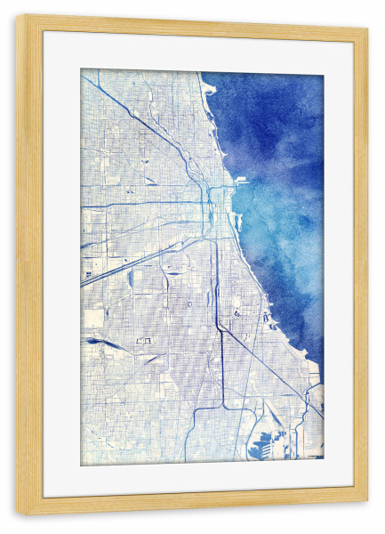 Poster mit Rahmen kiefer "Chicago USA Blue Infusion Map I" artboxONE - Städte,Reise,Kartografie - Städte,Stadtkarte,Wasserfarbe,Rosequartz