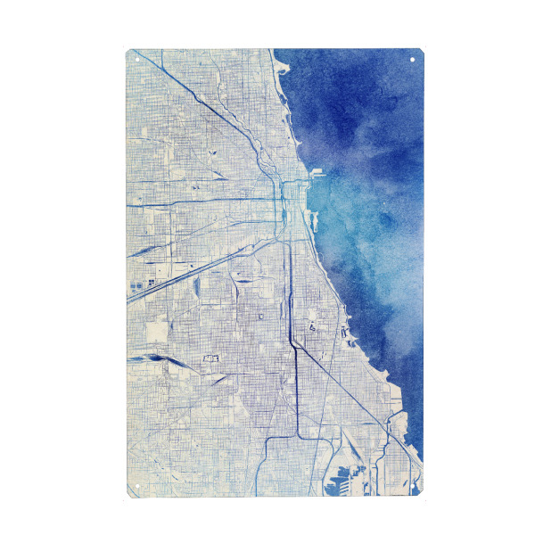 Metall Poster "Chicago USA Blue Infusion Map I" artboxONE - Städte,Reise,Kartografie - Städte,Stadtkarte,Wasserfarbe,Rosequartz - Blechschild